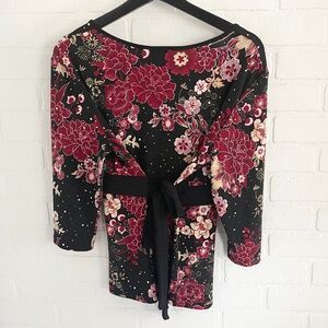 Vintage 90s Y2K Babydoll Top Slinky Dark Floral Japanese Black Burgundy  L